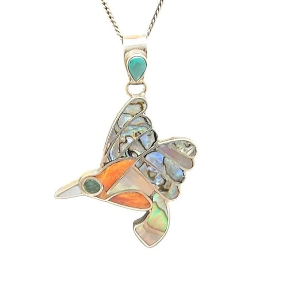 950 Fine Silver Channel Inlay Hummingbird Pendant Necklace 18" 925 Chain… - Picture 5 of 14